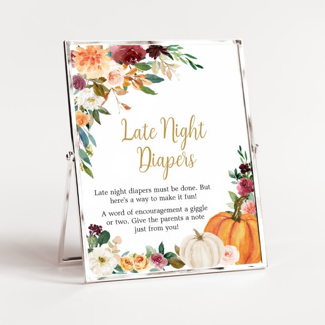 Blommigt Burgundy Pumpkin Late Night Diaper Poster (Pumpkin Baby Shower Late Night Diapers Sign
)