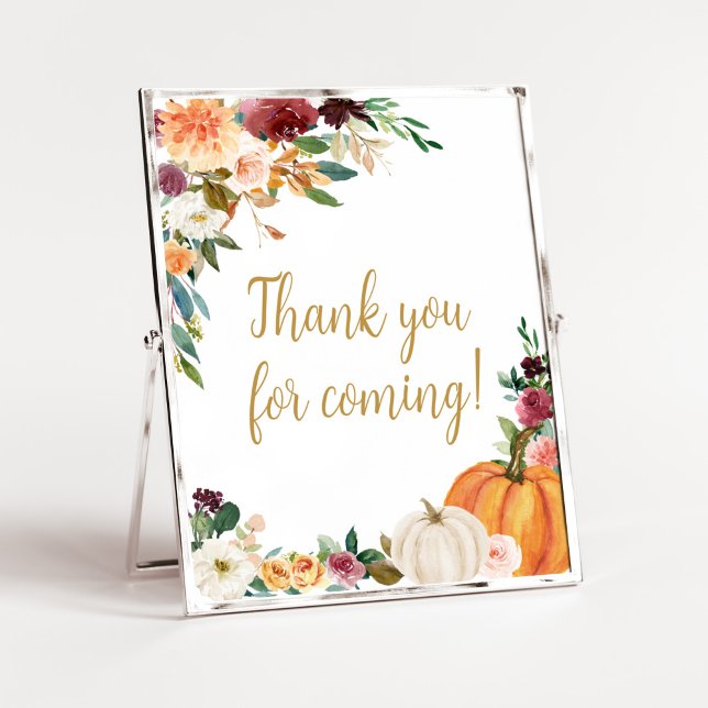 Blommigt Burgundy Pumpkin Tack för att du kom Poster (Pumpkin Baby Shower Thank you for Coming Sign)
