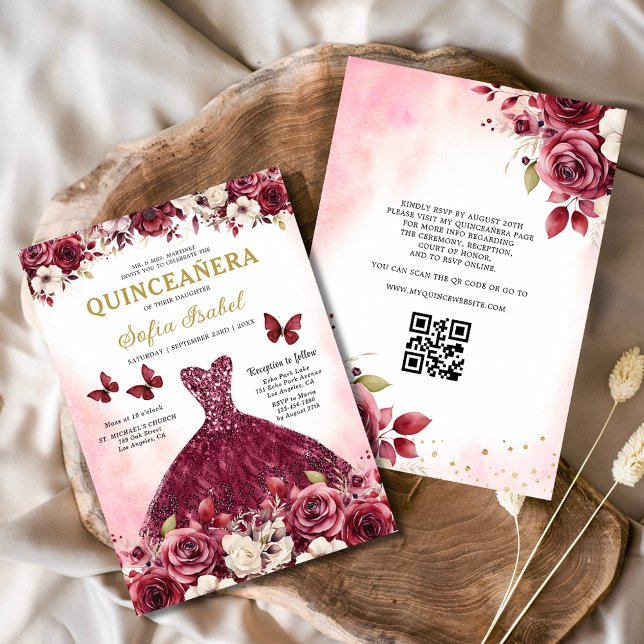 Blommigt Burgundy QR Code Princess Quinceanera Inbjudningar (Skapare uppladdad)