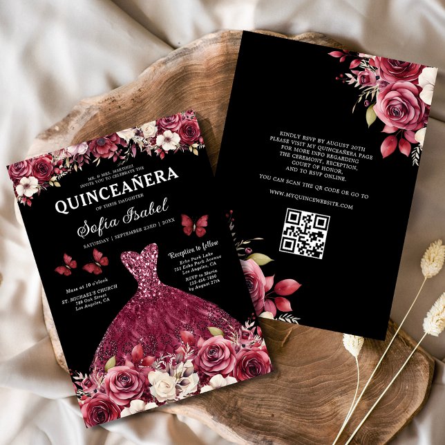 Blommigt Burgundy QR Code Princess Quinceanera Inbjudningar (Skapare uppladdad)
