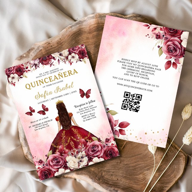 Blommigt Burgundy QR Code Princess Quinceanera Inbjudningar (Skapare uppladdad)