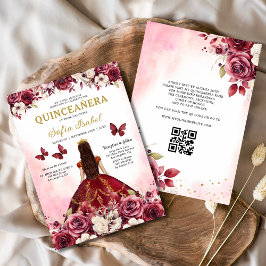 Blommigt Burgundy QR Code Princess Quinceanera Inbjudningar