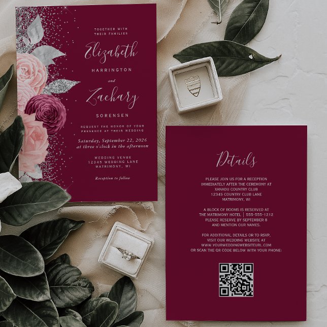 Blommigt Burgundy  QR-kod för Silver Bröllop Inbjudningar (Skapare uppladdad)