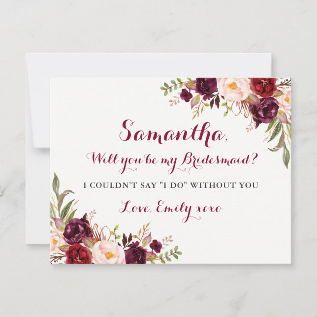 Blommigt Burgundy Red blir mitt Bridesmaid-kort Inbjudningar (Framsida)