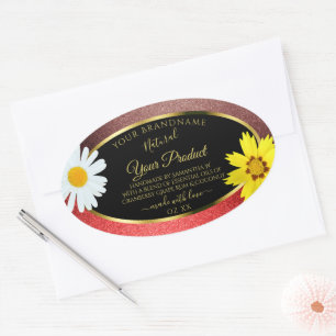 Blommigt Burgundy Red Glitter Black Product Labels Ovalt Klistermärke