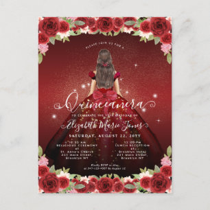 Blommigt Burgundy Red Guld Glam Princess Quinceane Vykort