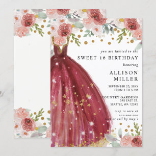 Blommigt Burgundy Red Guld Glitter Dress Sweet 16 Inbjudningar