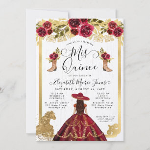 Blommigt Burgundy Red Guld Horse Charra Quinceaner Inbjudningar