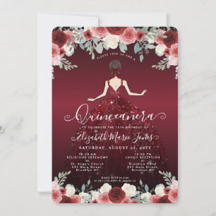 Blommigt Burgundy Red Princess Birthday Quinceaner Inbjudningar