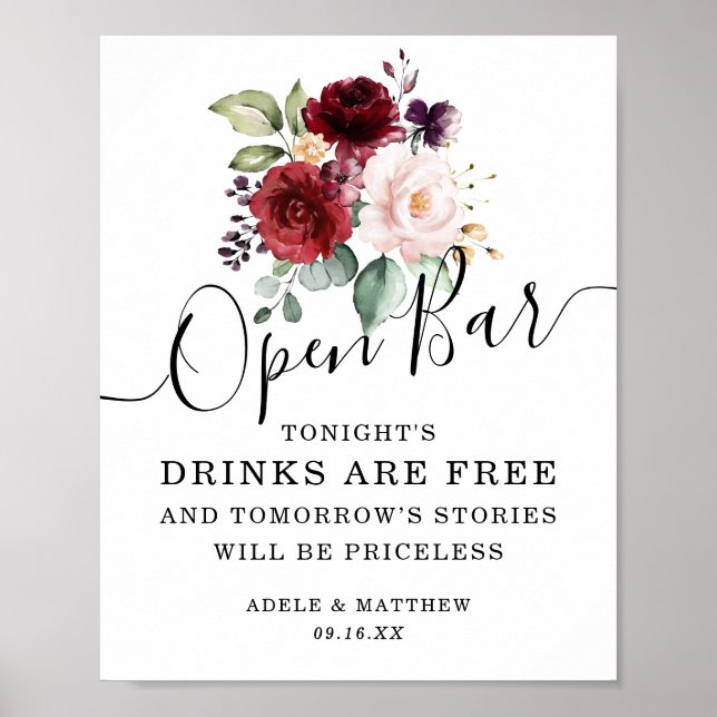 Blommigt Burgundy Rosa  Bouquet Open Pub Sign Poster (Framsidan)