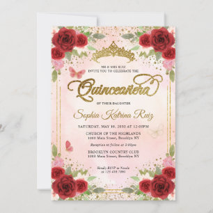 Blommigt Burgundy Rosa Guld Krona Quinceañera Inbjudningar