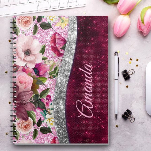 blommigt Burgundy rosa silver faux glitter monogra Anteckningsbok (Skapare uppladdad)