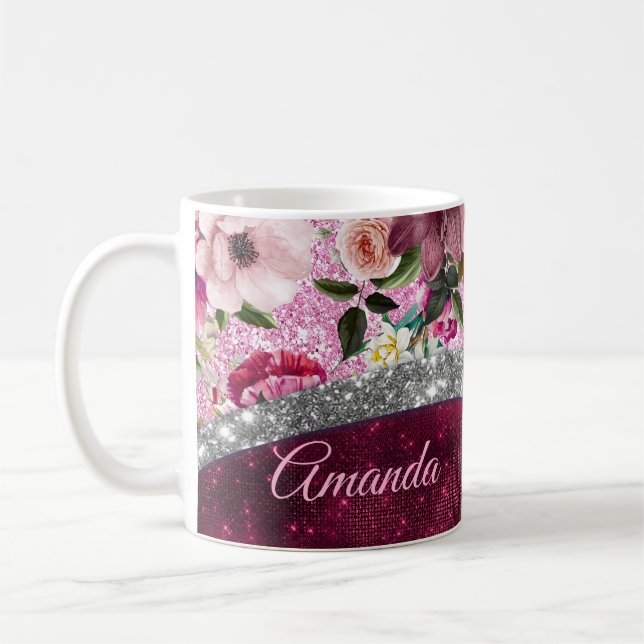 blommigt Burgundy rosa silver faux glitter monogra Kaffemugg (Vänster)