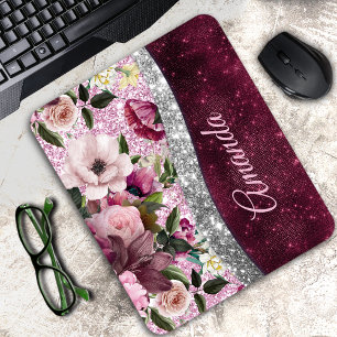 blommigt Burgundy rosa silver faux glitter monogra Musmatta