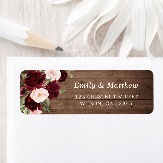 Blommigt Burgundy  Rustic Wood Romantic Bröllop Returadress Etikett (Insitu)