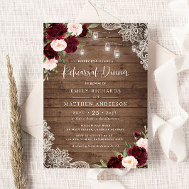 Blommigt Burgundy Rustic Wood Snöre Rehearsal Midd Inbjudningar