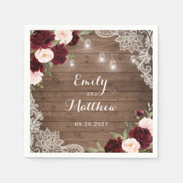 Blommigt Burgundy Rustic Wood Snöre String Ljus Pappersservett