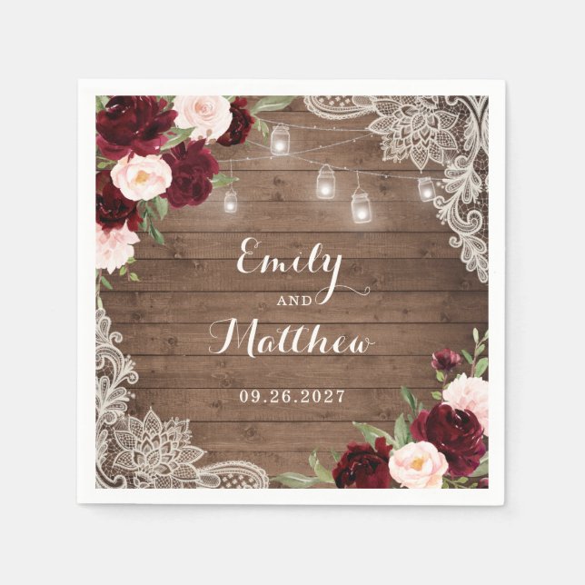 Blommigt Burgundy Rustic Wood Snöre String Ljus Pappersservett (Framsidan)
