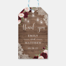 Blommigt Burgundy Rustic Wood Snöre String Ljus Presentetikett