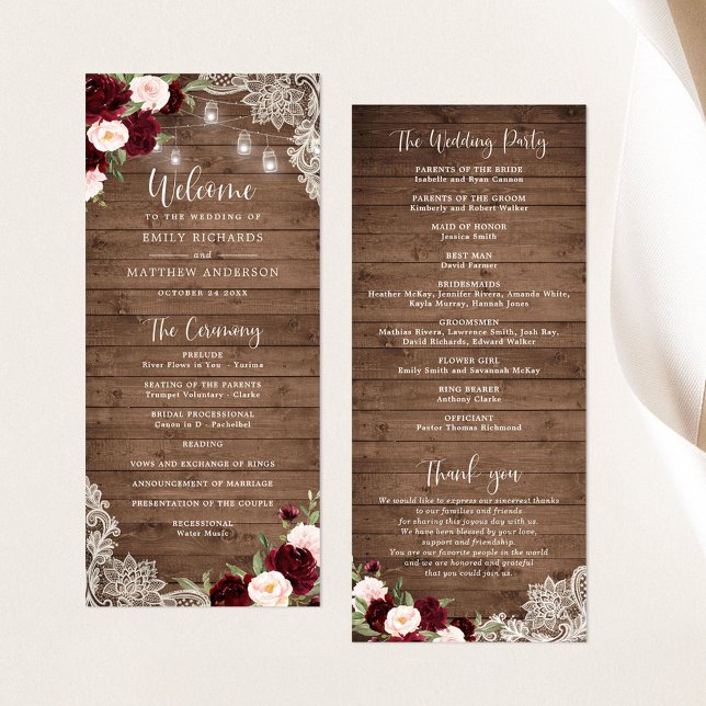 Blommigt Burgundy Rustic Wood Snöre String Ljus Program (Skapare uppladdad)