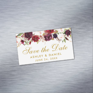Blommigt Burgundy Save Date Guld Mini Magnet