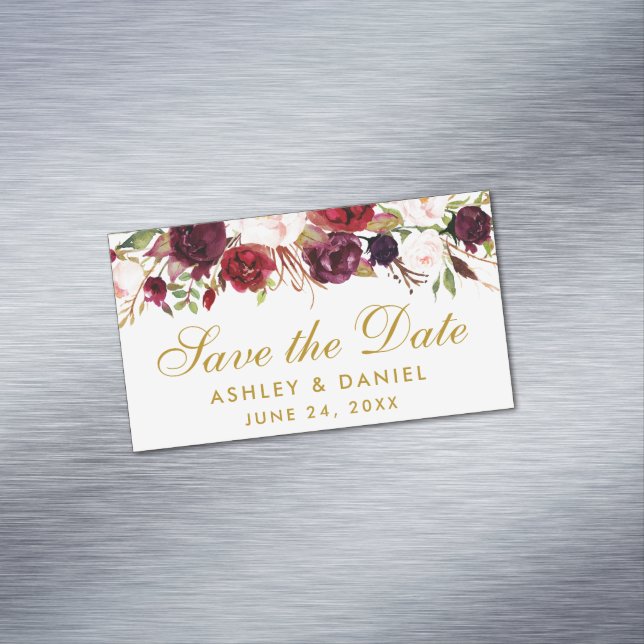 Blommigt Burgundy Save Date Guld Mini Magnet (In Situ)