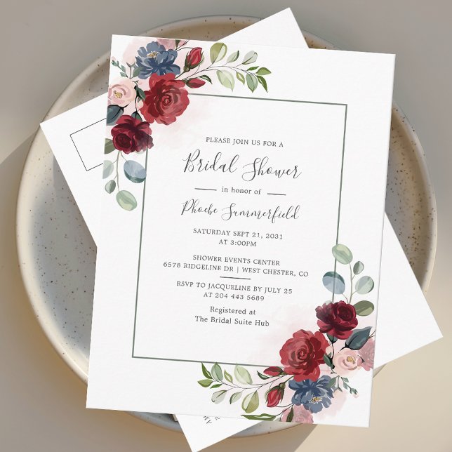 Blommigt Burgundy Script Eucalyptus Möhippa Inbjudan Vykort (Watercolor Floral Burgundy Bridal Shower Invitation Postcard)