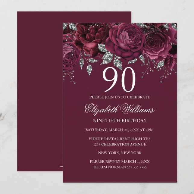 Blommigt Burgundy Silver 90:e födelsedag Inbjudningar (Fram/baksida)