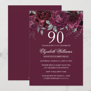 Blommigt Burgundy Silver 90:e födelsedag Inbjudningar