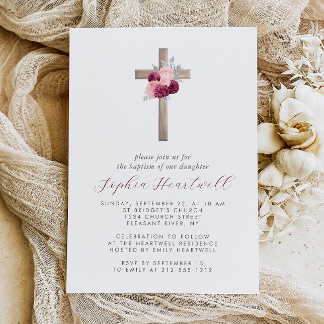 Blommigt Burgundy  Silver Kor Flicka-baptism Inbjudningar (Skapare uppladdad)