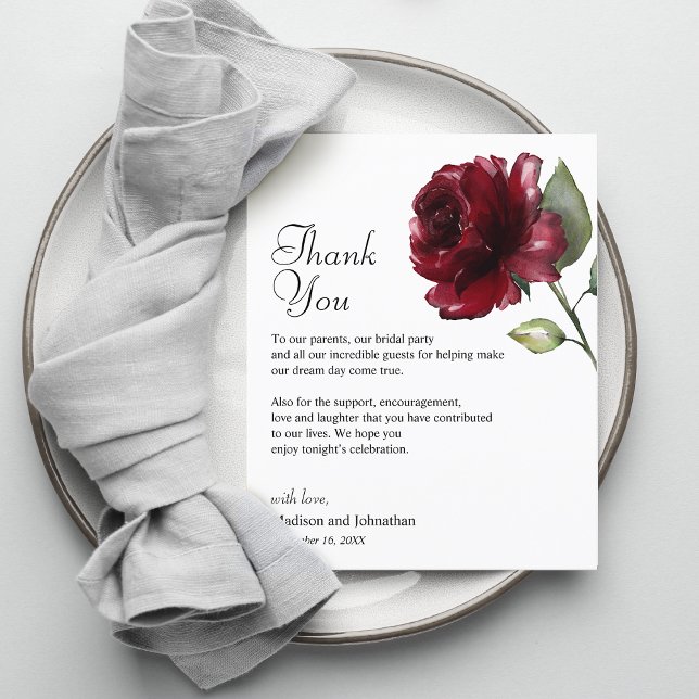 Blommigt Burgundy-Tackens bröllopskort (Floral Burgundy Thank You Wedding Reception Card)