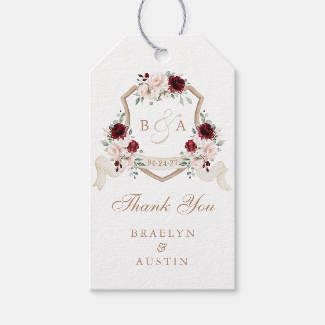 Blommigt  Burgundy Vapensköld Bröllop Tack Presentetikett (Framsidan)