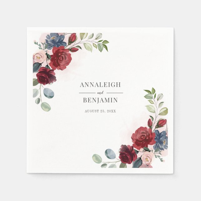 Blommigt Burgundy Watercolor Foliage Bröllop Pappersservett (Framsidan)