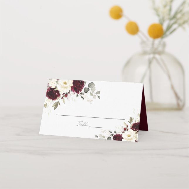 Blommigt Burgundy White Greenery Elegant Place Car Placeringskort (Framsida)