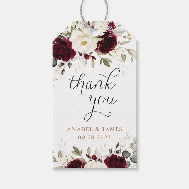 Blommigt Burgundy White Greenery Guld Bröllop Presentetikett (Framsidan)