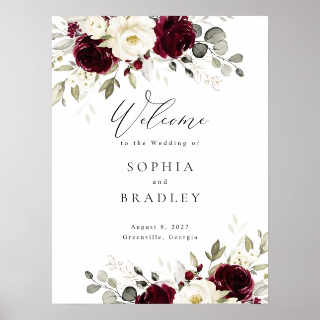Blommigt Burgundy White Guld Bröllop Välkomstskylt Poster (Framsidan)