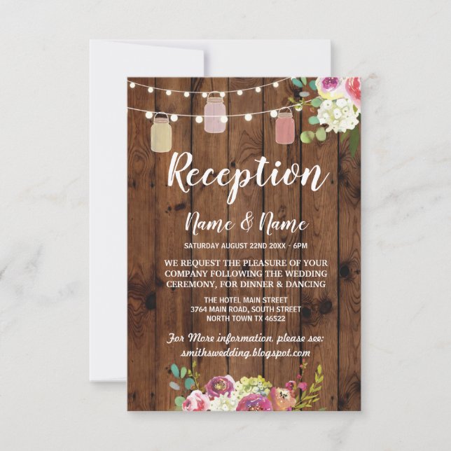 Blommigt Burk Rustic Wedding Reception Cards Wood Inbjudningar (Framsida)