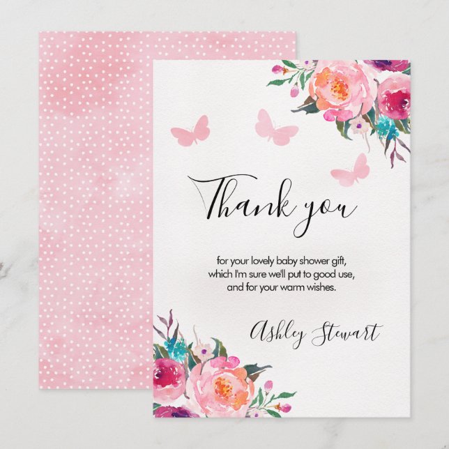 Blommigt Butterflies Baby Shower Tack du Card Girl Inbjudningar (Fram/baksida)