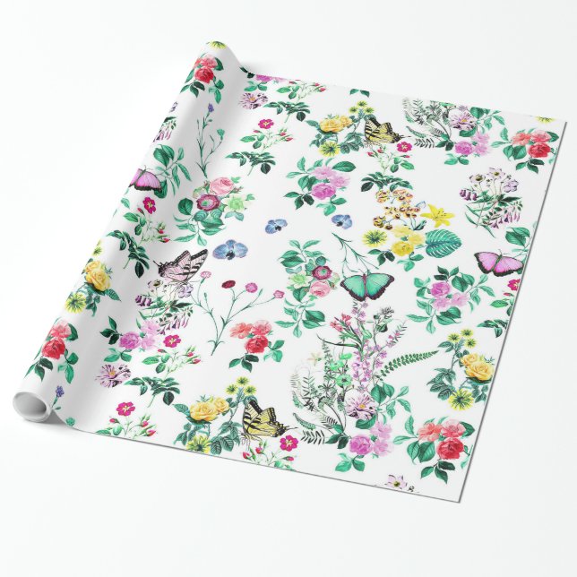 Blommigt Butterflies Gift Wrap Presentpapper (Utrullad)