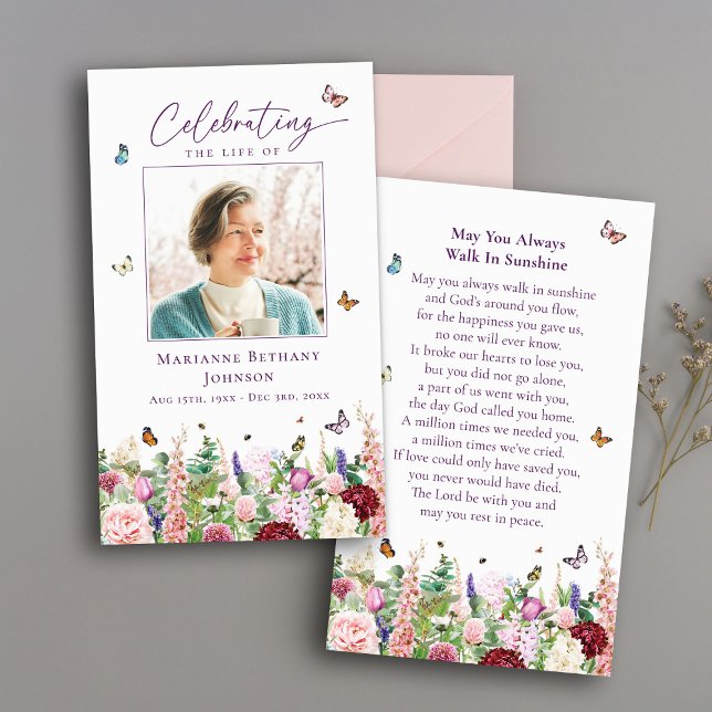 Blommigt Butterflies Memorial Funeral Prayer Card Visitkort (Skapare uppladdad)
