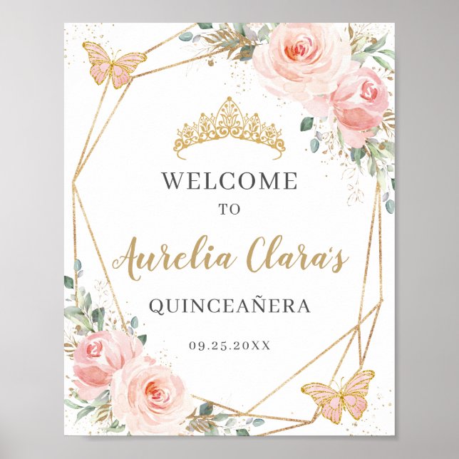  Blommigt Butterflies Quinceanera Birthday Poster (Framsidan)