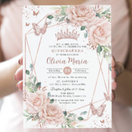  Blommigt Butterflies Ro Guld Quinceañera Inbjudningar