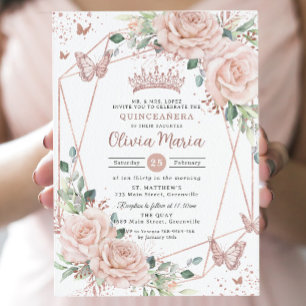 Blommigt Butterflies Ro Guld Quinceañera Inbjudningar