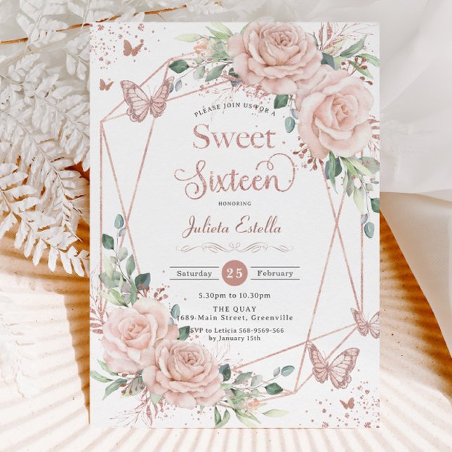  Blommigt Butterflies Ro Guld Sweet sixteen Inbjudningar (Skapare uppladdad)