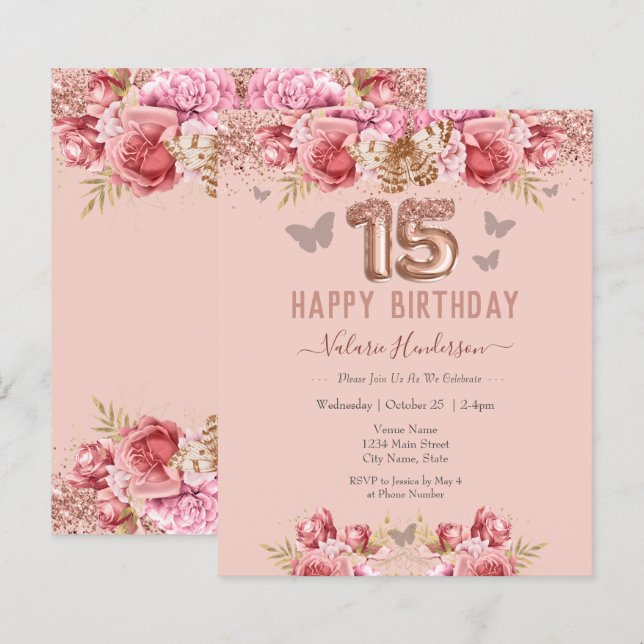 Blommigt Butterflies Rosa Lycklig 15:e födelsedage (Fram/baksida)