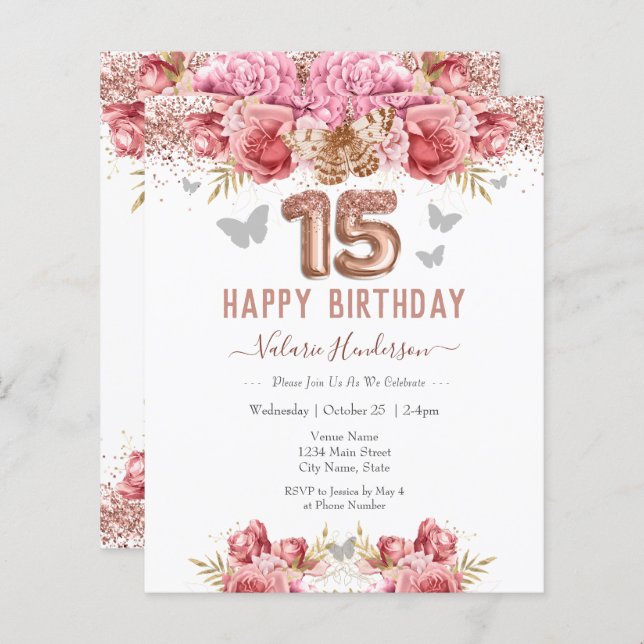 Blommigt Butterflies Rosa Lycklig 15:e födelsedage (Fram/baksida)