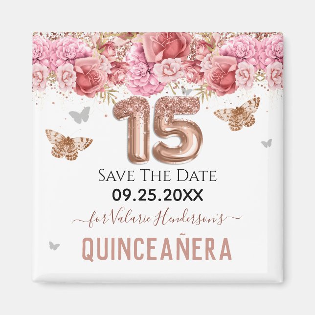 Blommigt Butterflies Rosa Quinceañera Spara datum Magnet (Framsidan)
