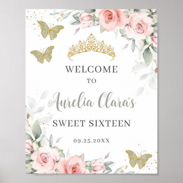  Blommigt Butterflies Sage Grönt Sweet sixteen Poster (Framsidan)