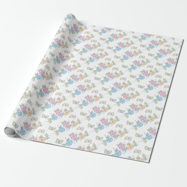 Blommigt Butterflies Watercolor Presentpapper (Utrullad)
