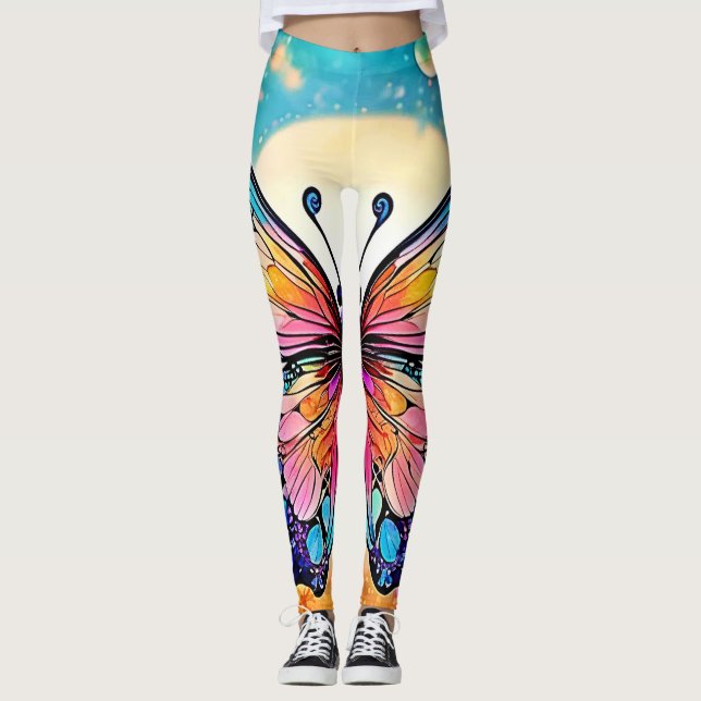Blommigt Butterfly Art Design Leggings (Framsida)